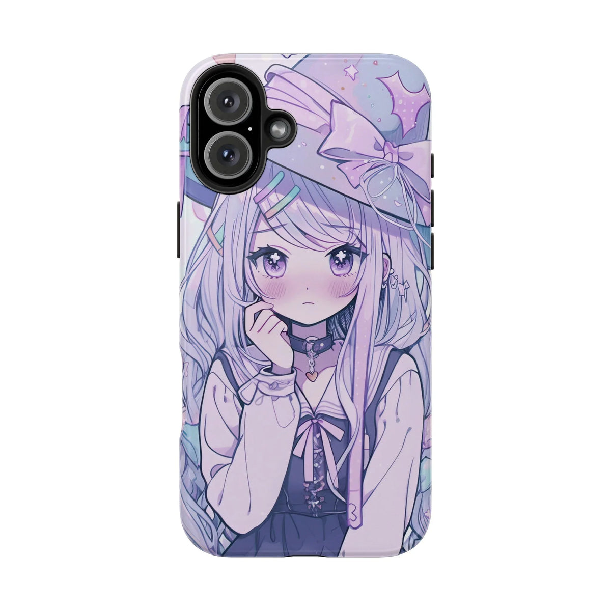 Kawaii pastel anime girl iPhone case with purple hair, witch hat, and bow design