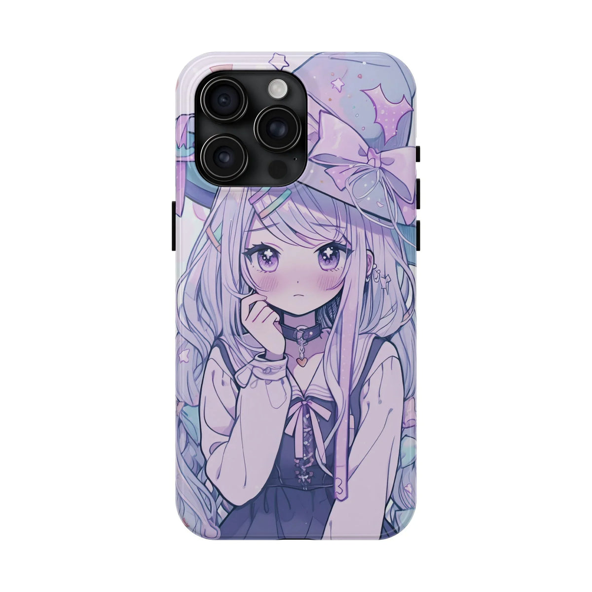 Kawaii pastel anime girl with long hair and witch hat on iPhone case, cute phone accessory