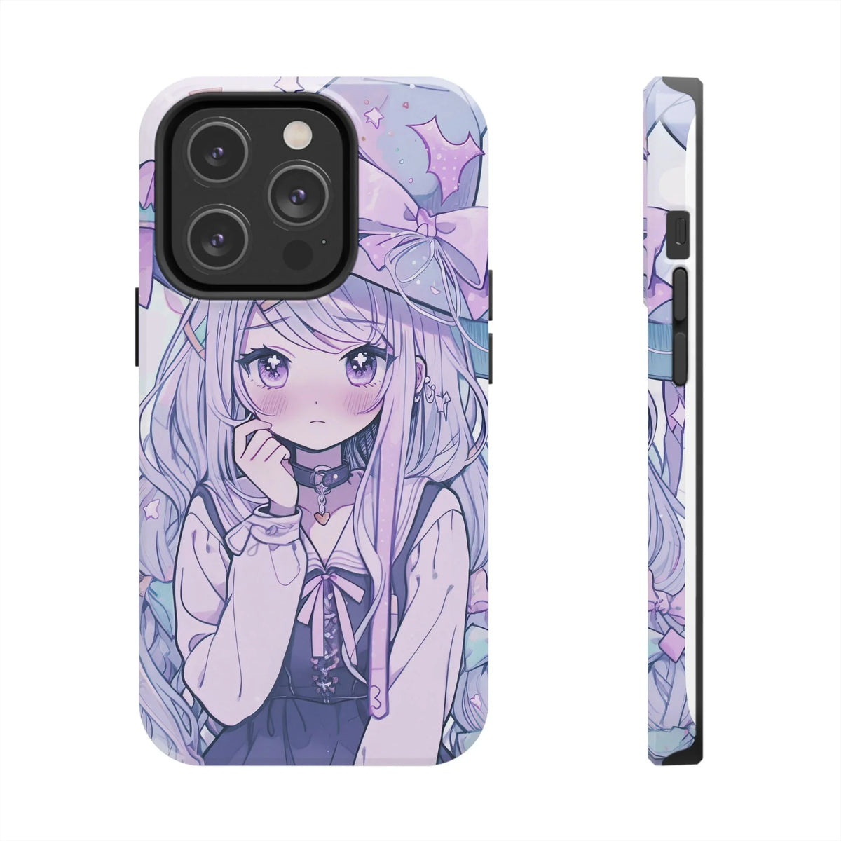 Anime girl pastel kawaii iPhone case with purple hair and pink bows, cute aesthetic design