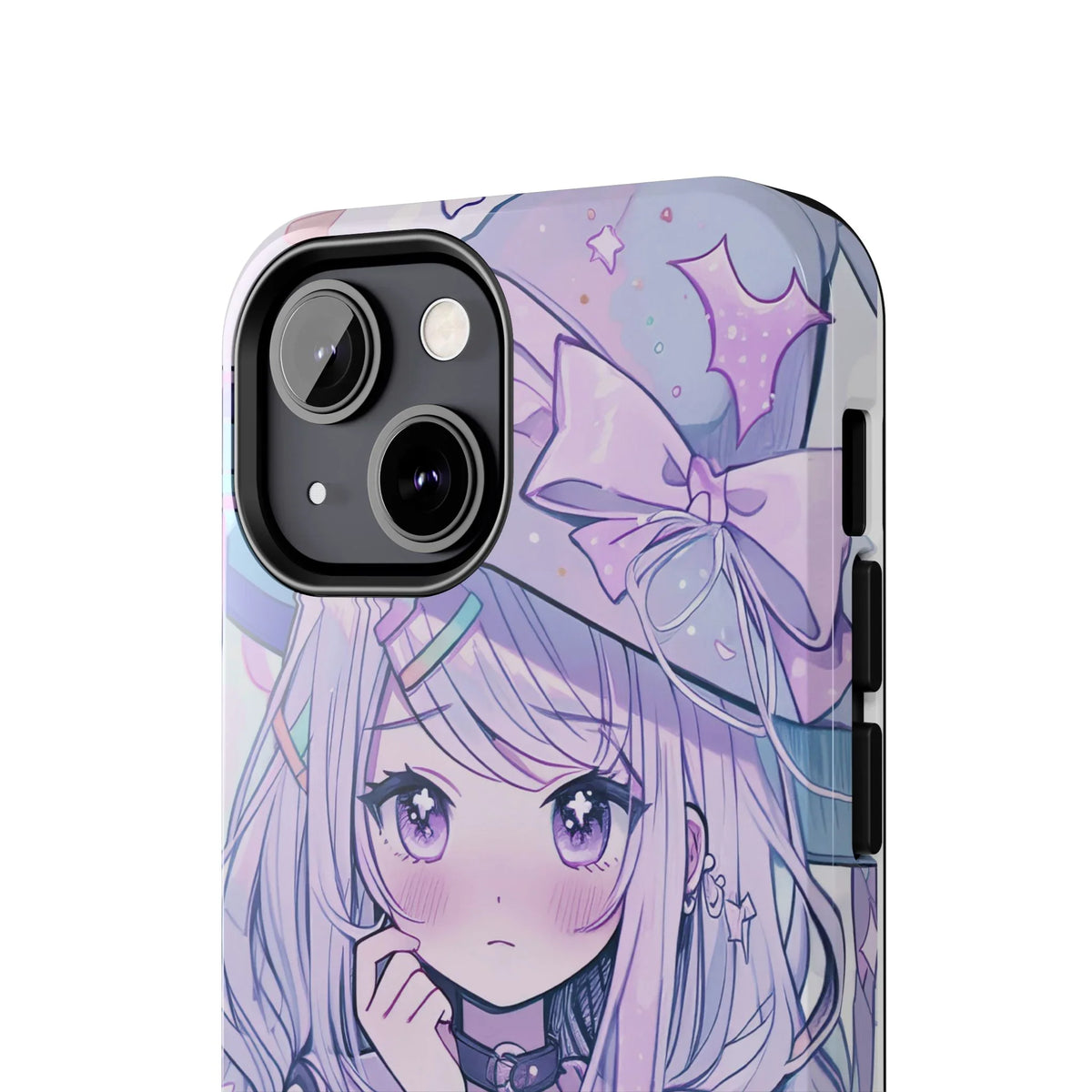Kawaii pastel anime witch girl iPhone case with purple bow, stars, and long hair
