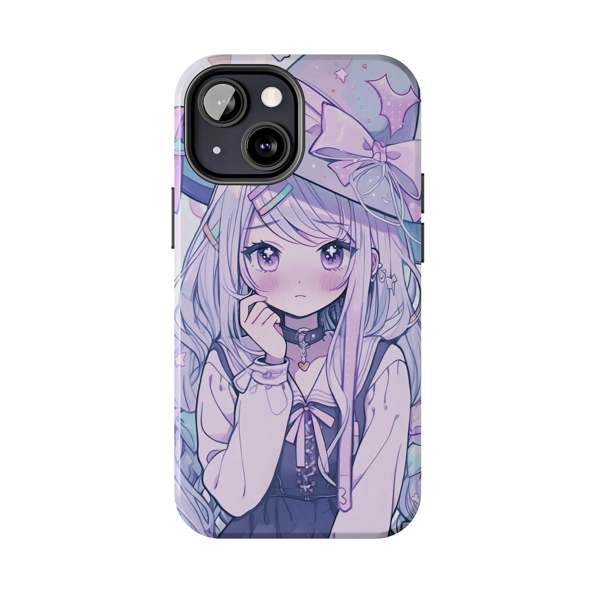 Kawaii pastel anime witch girl iPhone case with lavender hair and purple hat