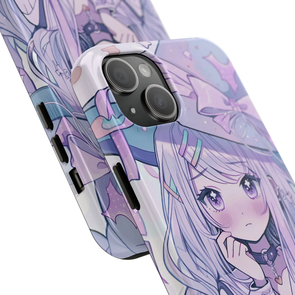 Purple kawaii anime girl iPhone case with pastel colors and cute character illustration