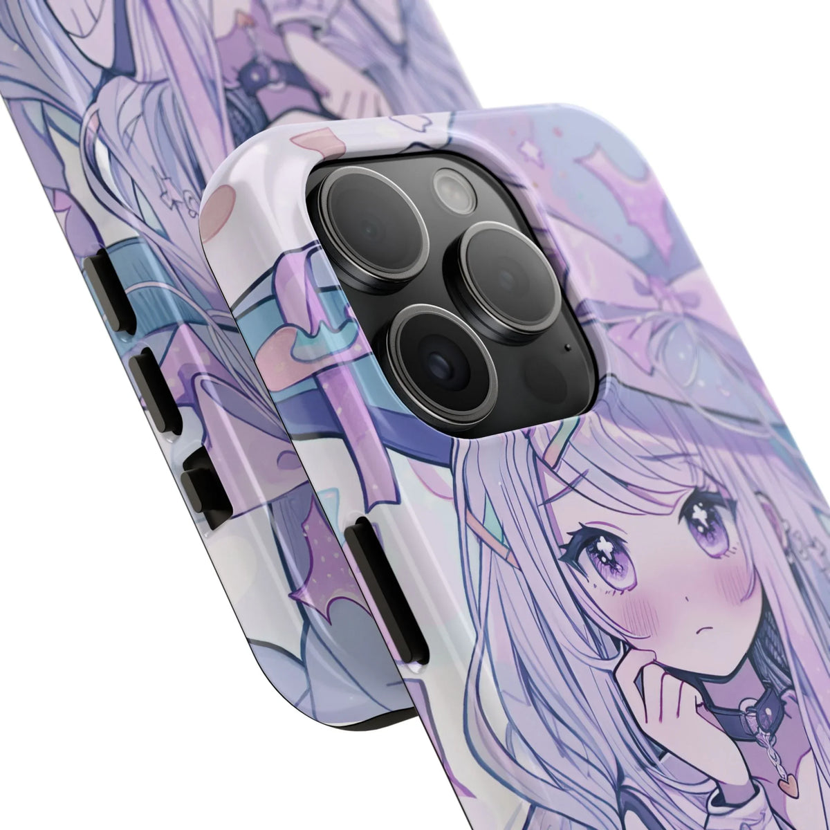 Close-up pastel anime girl kawaii iPhone case with purple and blue pop culture design