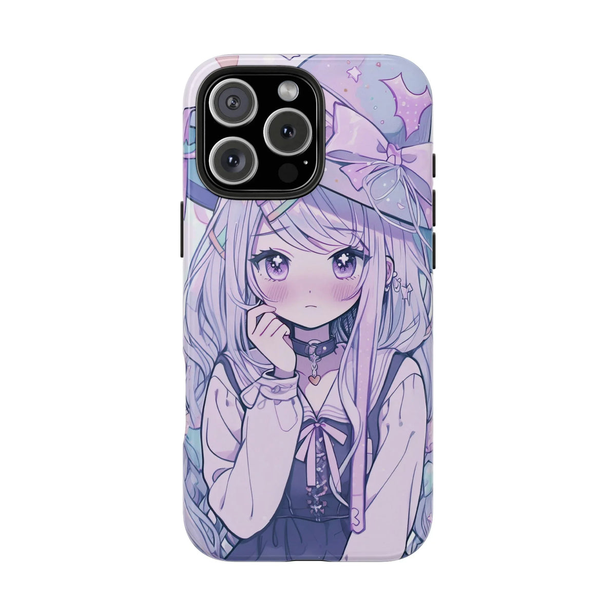 Kawaii pastel anime girl iPhone case with purple hair and witch hat, trendy phone accessory