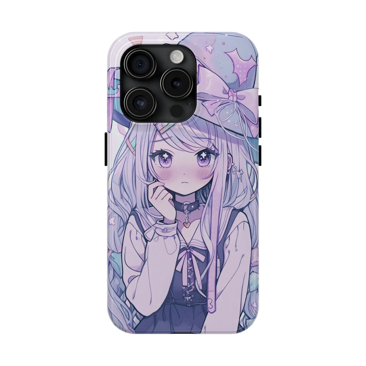 Cute pastel anime girl with long hair, witch hat, and bow design on iPhone case