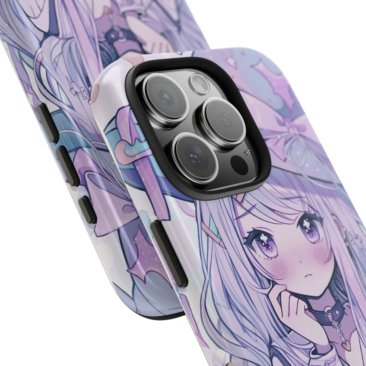 Purple anime girl iPhone case with kawaii design, glossy finish and cute illustrated character.