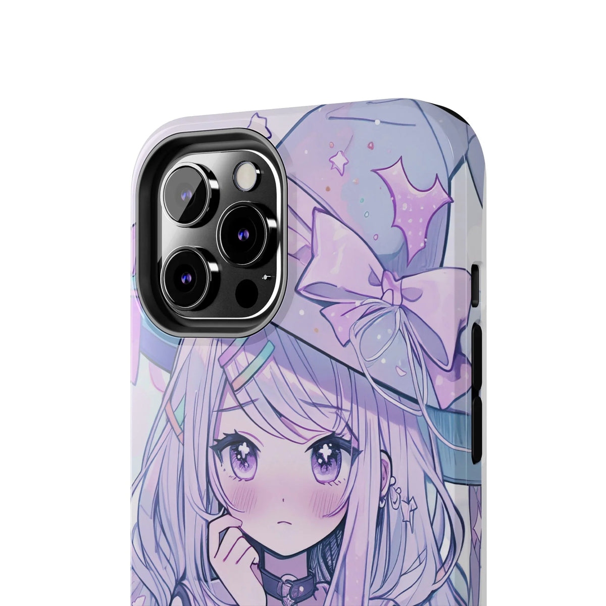 Kawaii pastel witch anime girl iPhone case with purple hat, bow, and star accents