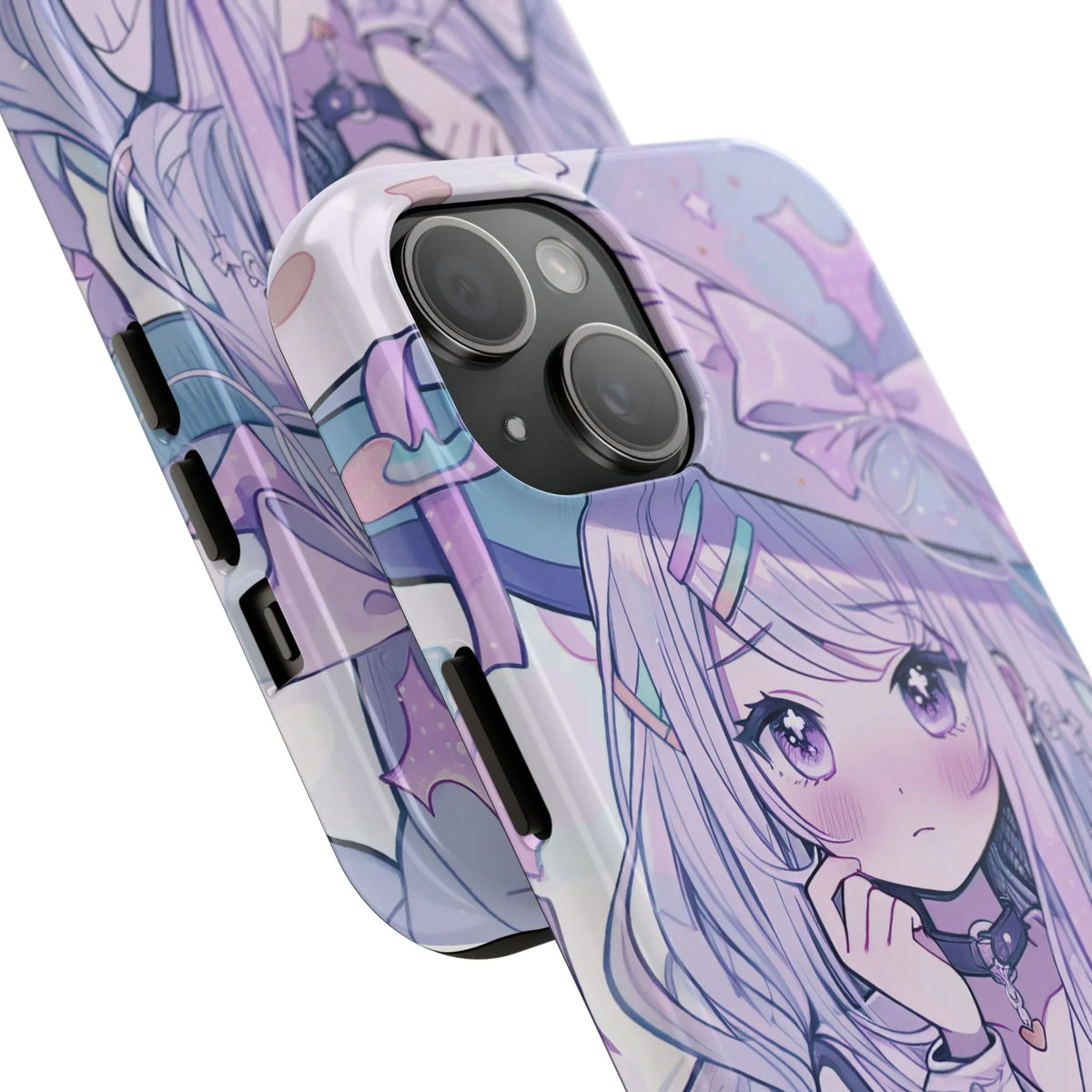 Kawaii anime girl phone case with pastel colors and witch hat design, close-up view
