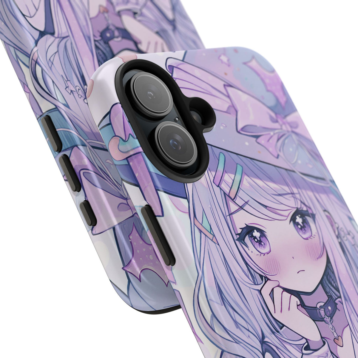 Kawaii anime girl pastel iPhone case with purple hair and witch hat, cute aesthetic design