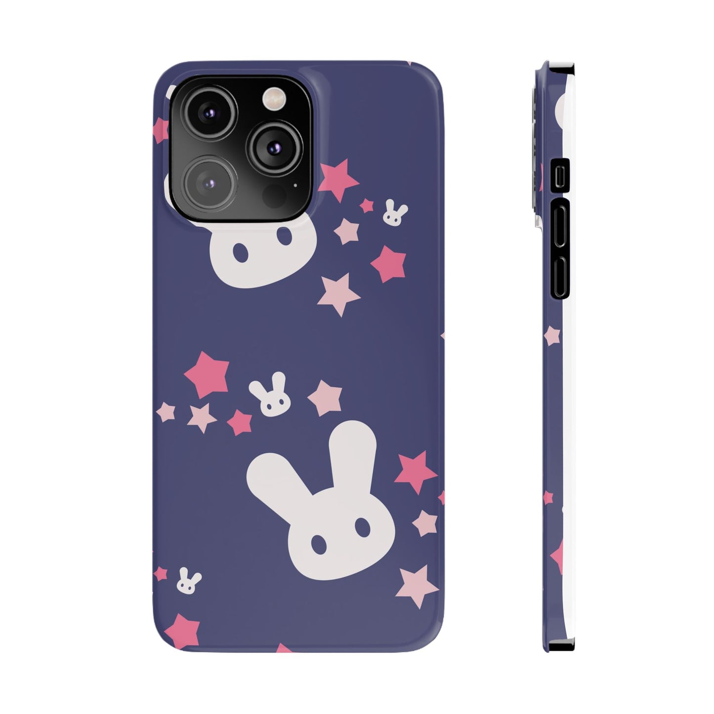 Blue iPhone case w. adorable bunnies with stars background