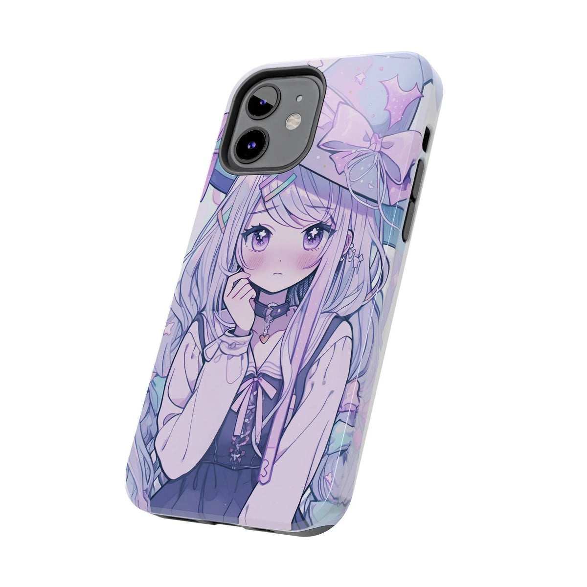 Cute pastel anime girl iPhone case with long hair and bow, kawaii phone accessory