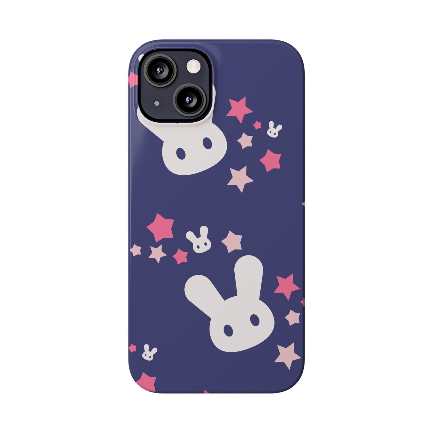 Blue iPhone case w. adorable bunnies with stars background