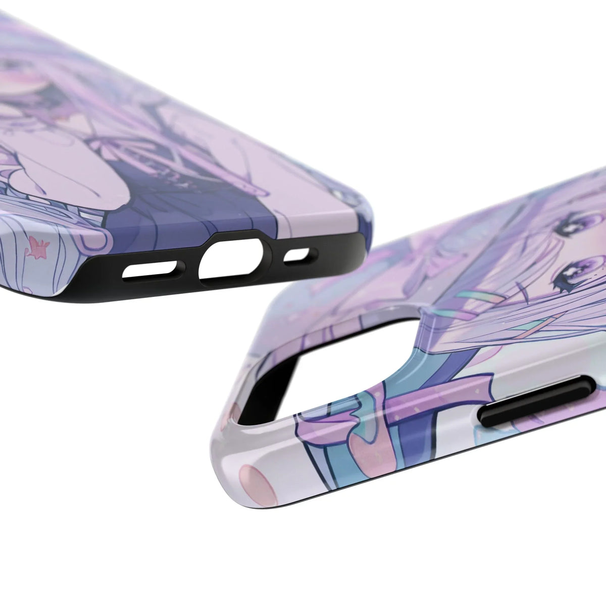 Pastel anime girl iPhone case with kawaii purple design, close-up on edges and cutouts.