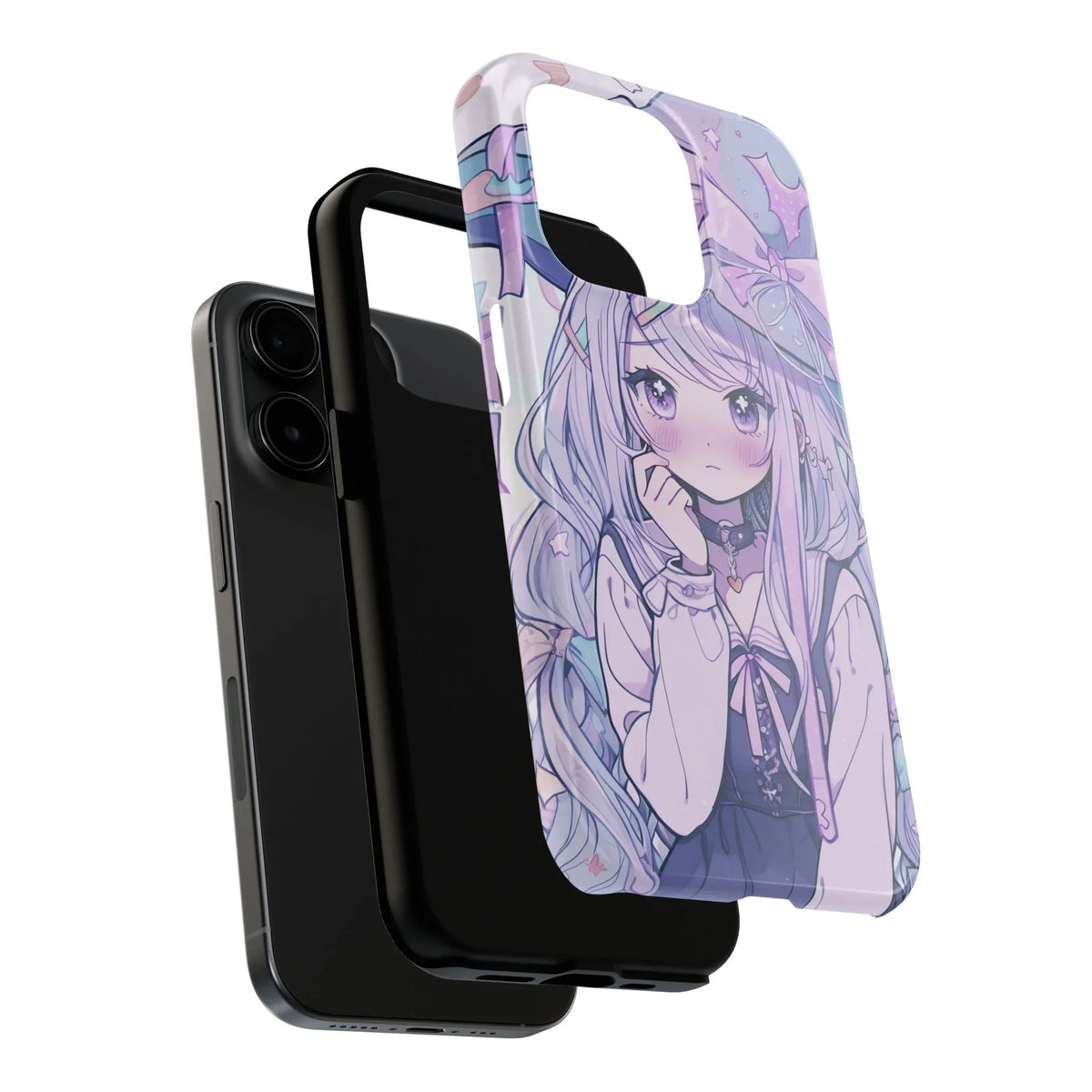 Kawaii anime girl iPhone case with pastel colors and cute character design next to a plain case