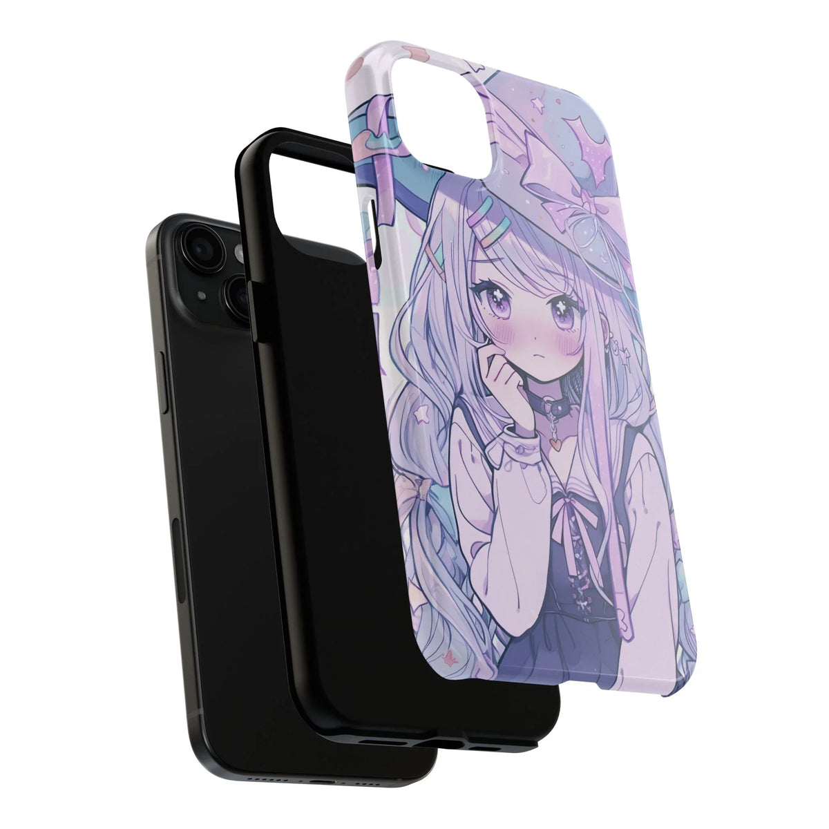 Anime girl pastel kawaii phone case for iPhone with cute purple and blue illustration