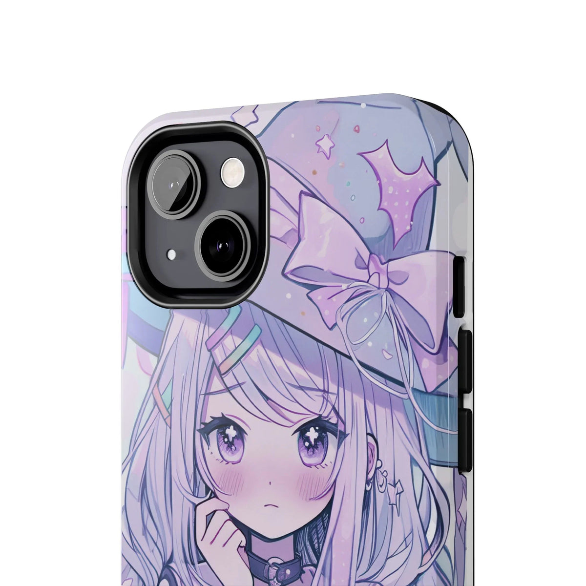 Cute anime witch girl iPhone case with pastel purple hat, large bow, and star accents