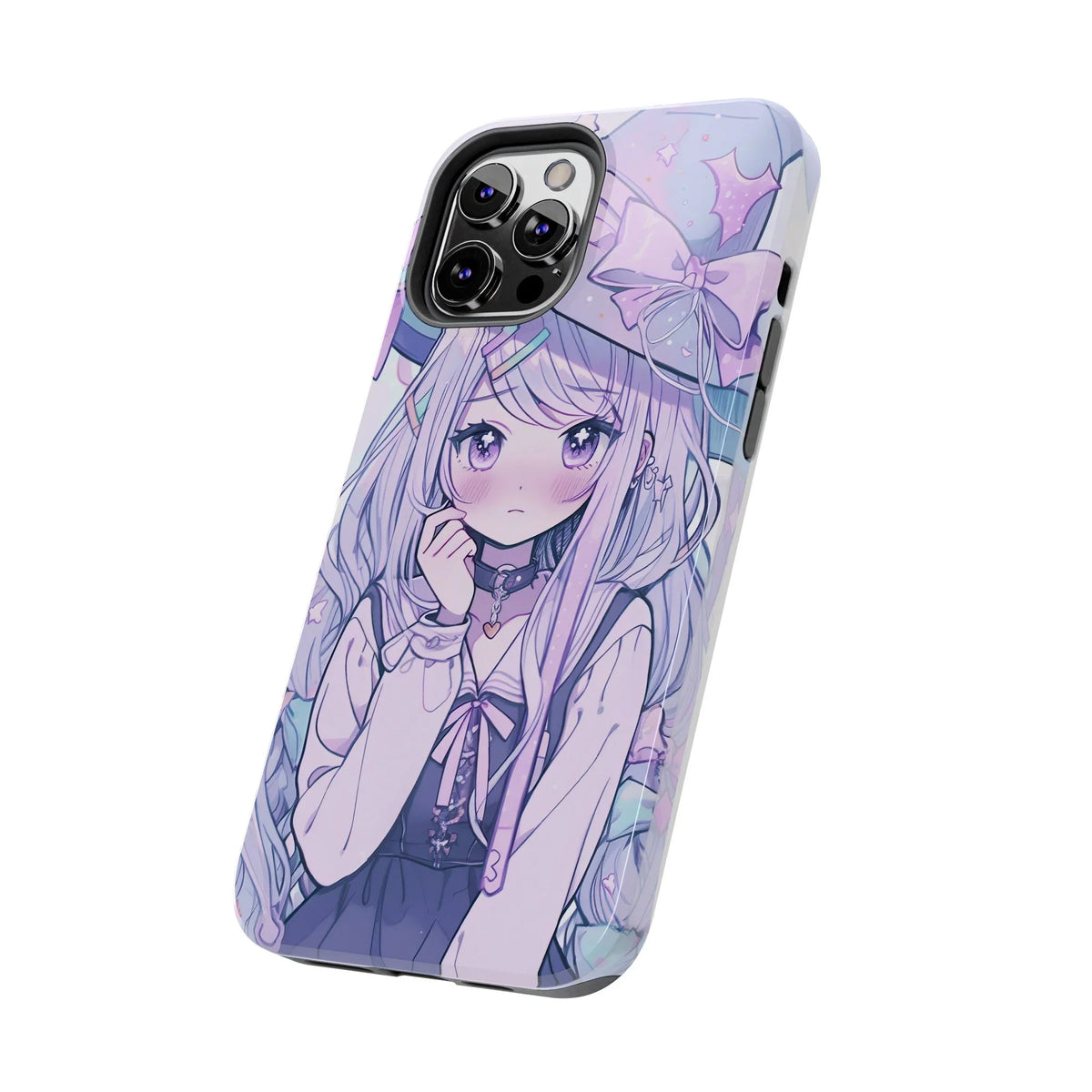 Purple kawaii anime girl iPhone case with pastel witch design and glossy finish