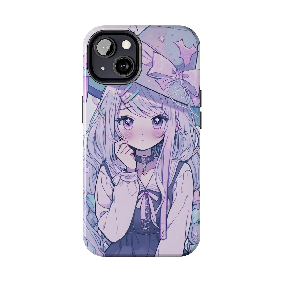 Pastel anime witch girl illustration on iPhone case with kawaii, purple and blue tones
