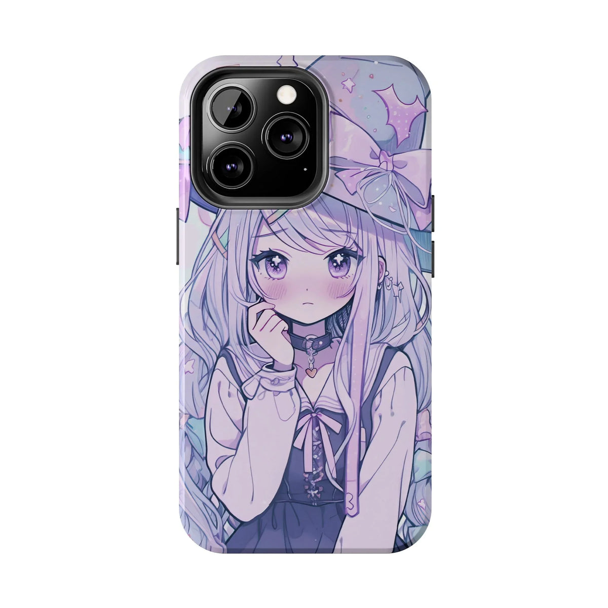 Pastel kawaii anime girl illustration on iPhone case, purple aesthetic design