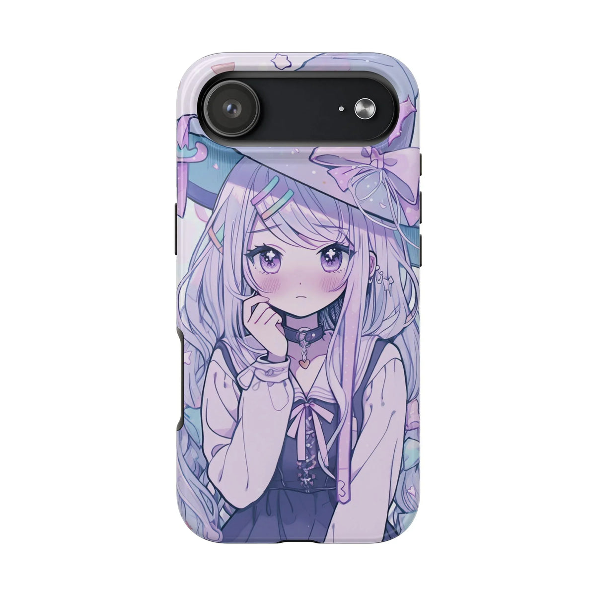 Kawaii pastel anime girl iPhone case with purple hair, witch hat, and ribbon accents