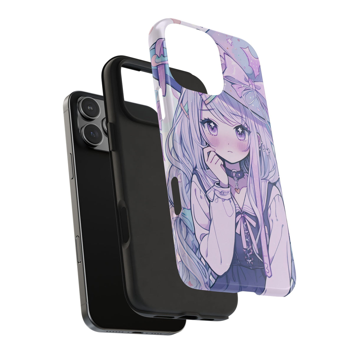 Anime girl kawaii iPhone case with pastel purple and blue design, shown on modern smartphone
