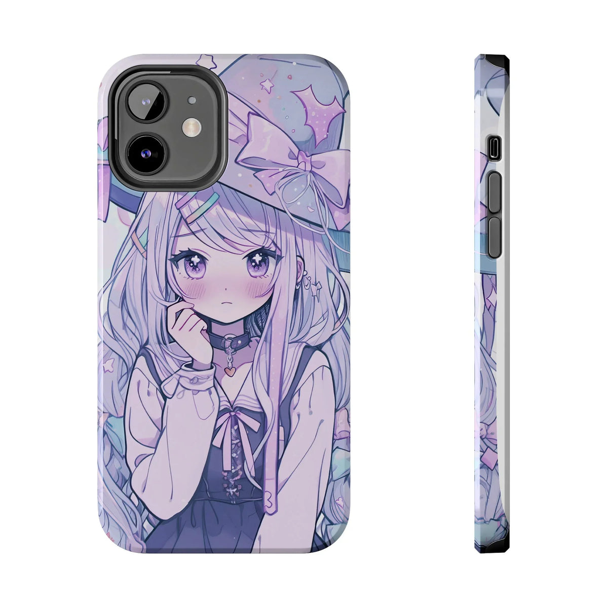 Kawaii anime girl phone case with pastel colors, cute witch hat and bow, stylish iPhone accessory