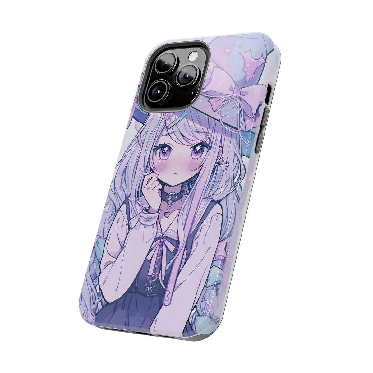 Kawaii anime girl purple pastel iPhone case with cute bow and long hair illustration