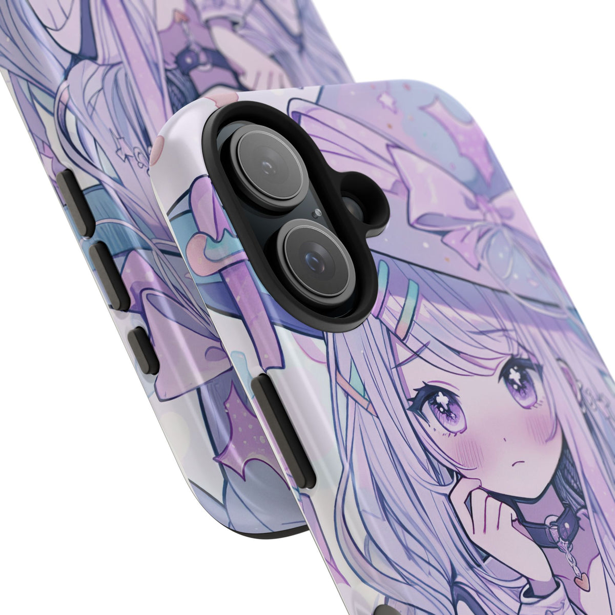 Purple kawaii anime witch girl iPhone case with pastel stars and large bow accents
