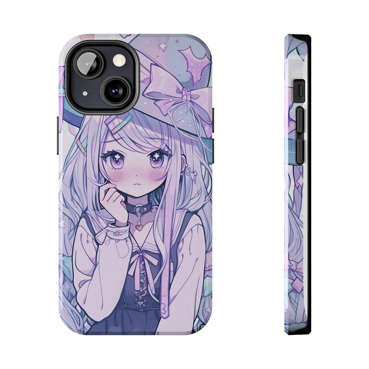 Pastel kawaii anime girl design on iPhone case with purple hair and big bow, cute aesthetic