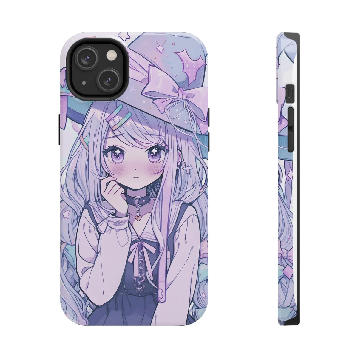 Cute anime girl in pastel witch hat on purple kawaii iPhone case, pop culture phone cover