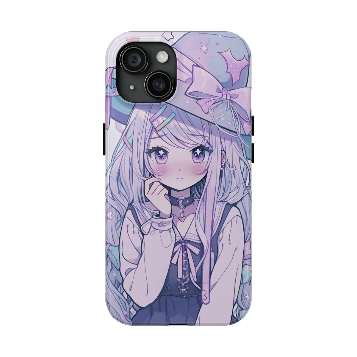 Kawaii pastel anime girl in witch hat illustrated on iPhone case, cute aesthetic phone accessory