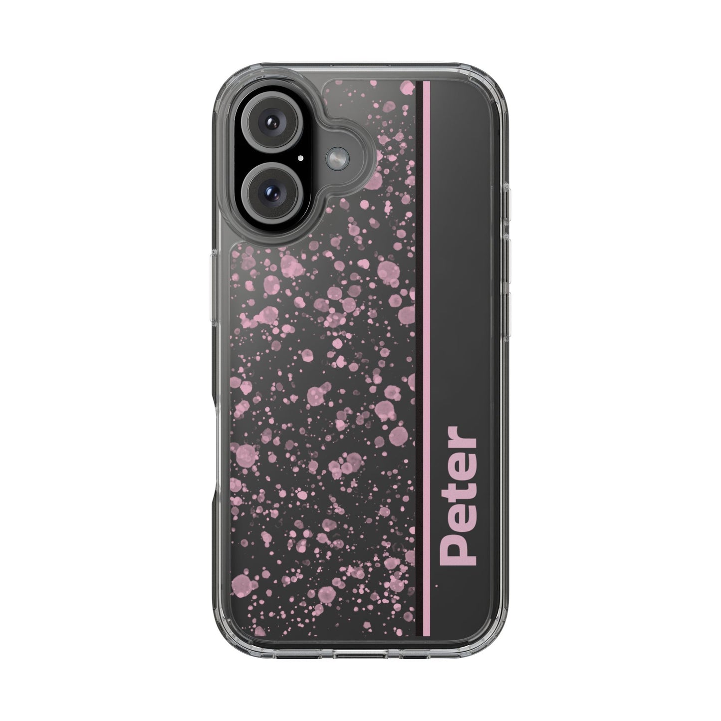 Personalized Clear Phone Case with Pink Splatter Design