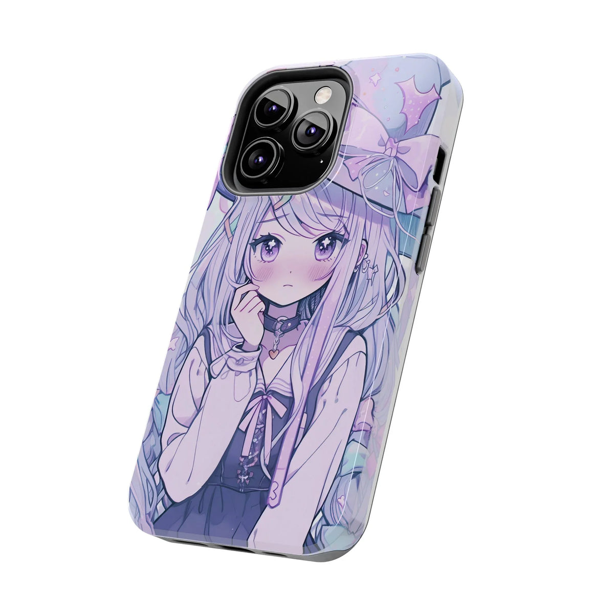 Kawaii pastel anime girl iPhone case with purple bow and long hair design