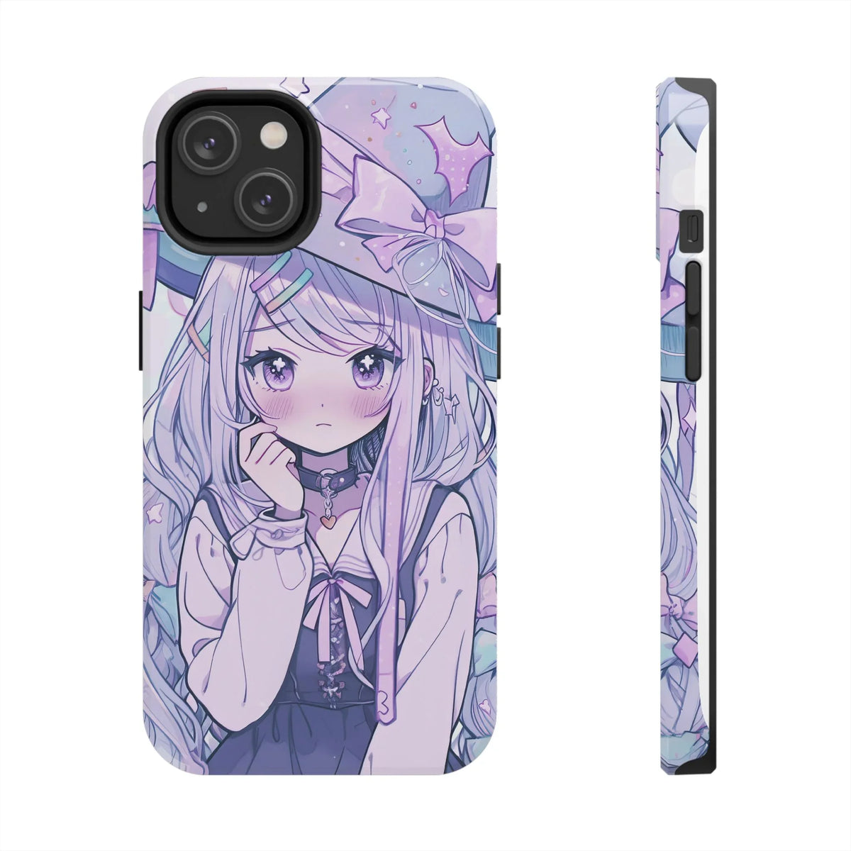 Kawaii pastel anime girl iPhone case with purple witch hat and long hair design