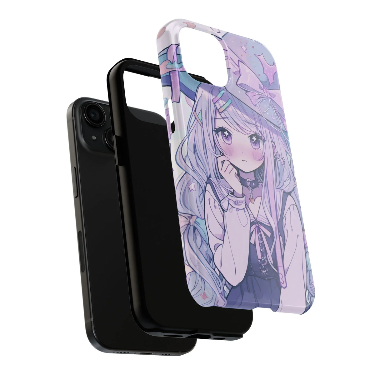 Pastel anime witch girl iPhone case with kawaii design on floating phone, trendy accessory