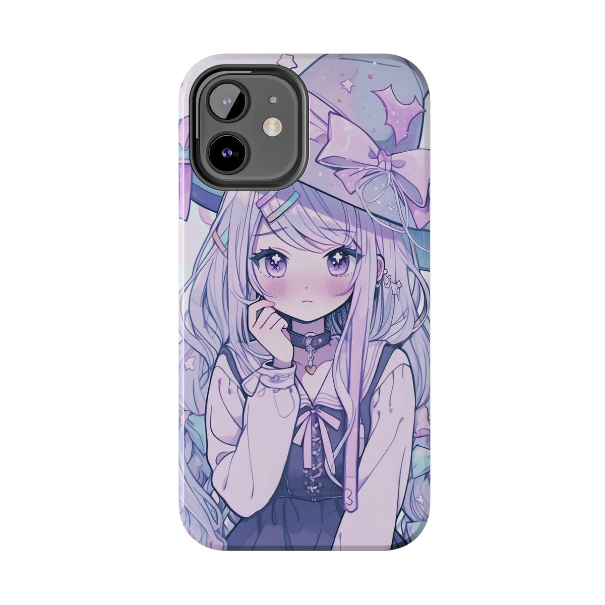 Kawaii anime girl iPhone case with pastel colors, witch hat, and large bow design
