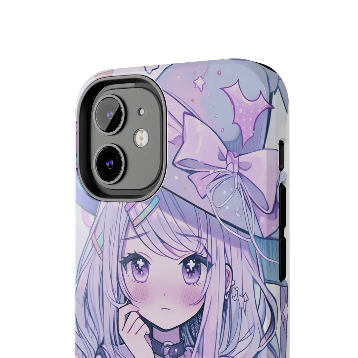 Pastel kawaii anime girl iPhone case with purple stars, bow, and witch hat design