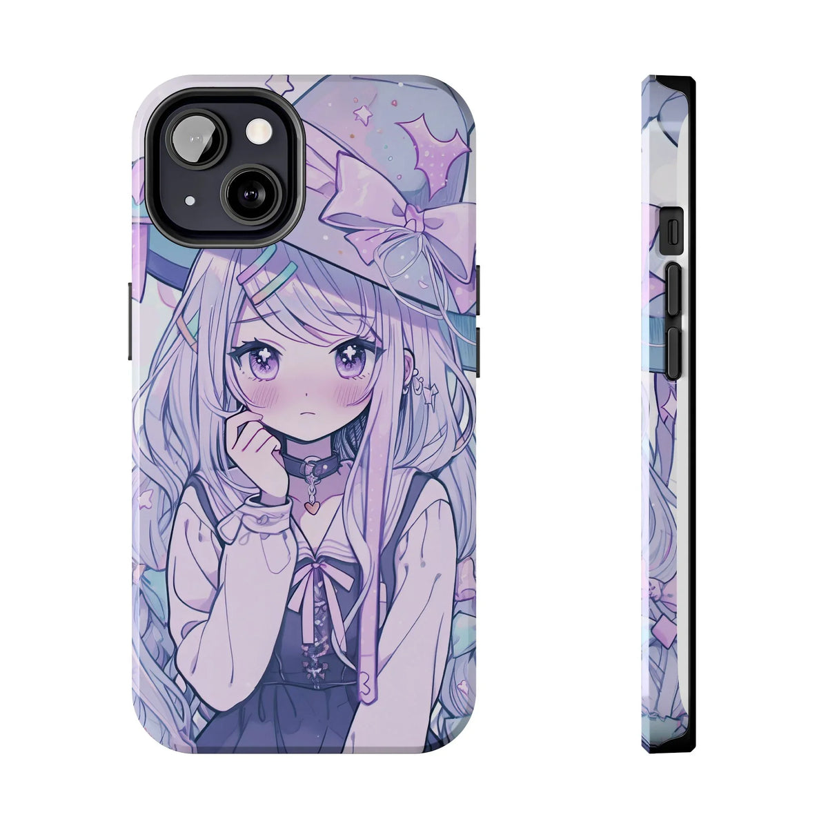 Kawaii pastel anime girl iPhone case with long hair, big bow, and star accents