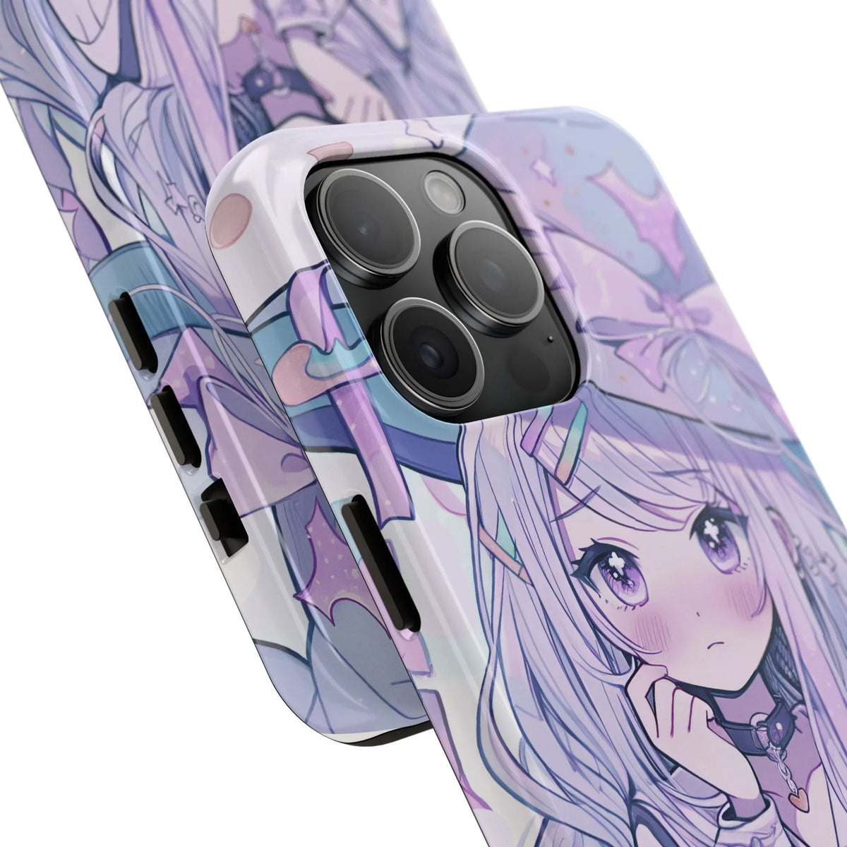 Close-up of kawaii anime girl pastel purple iPhone case with cute character illustration