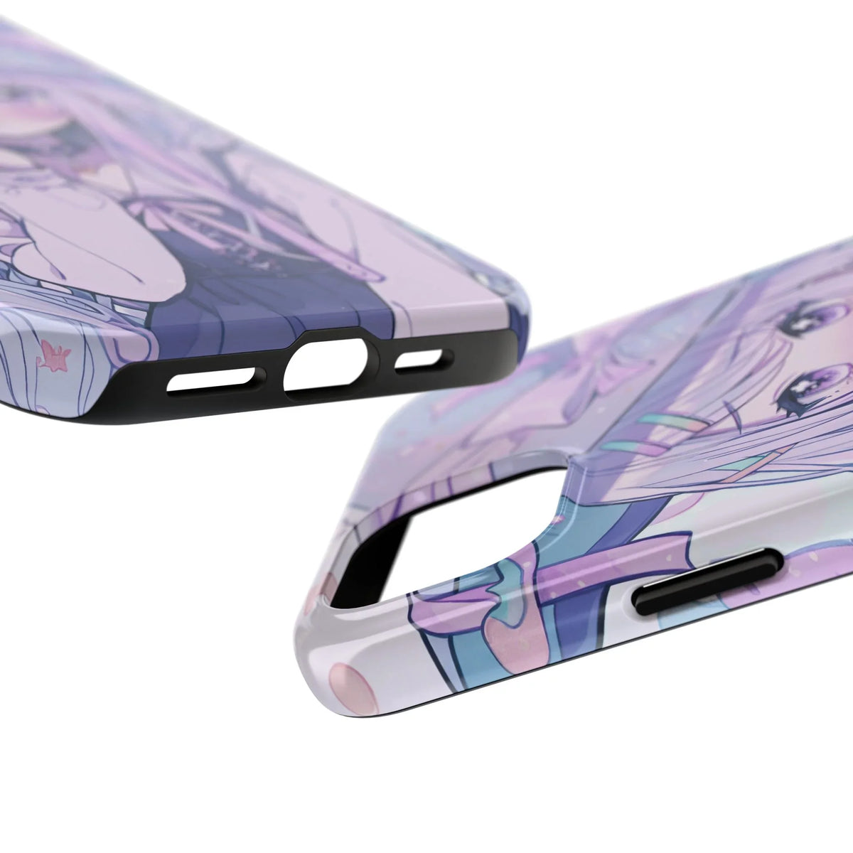 Close-up of kawaii anime girl design iPhone cases with pastel purple and blue accents.