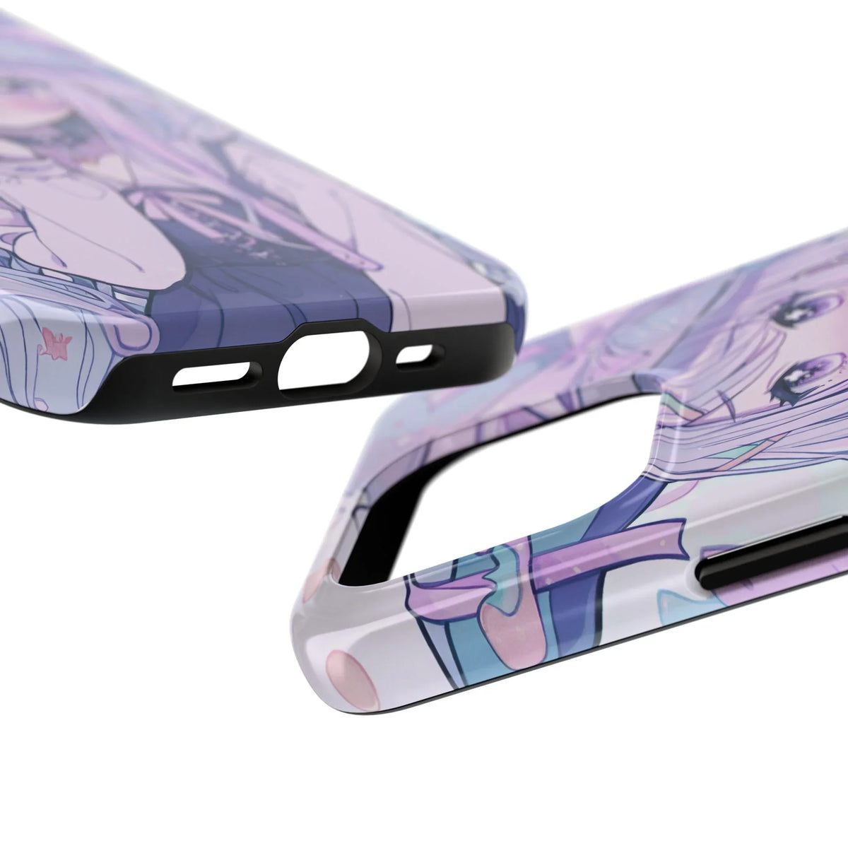 Close-up of pastel anime girl iPhone case with kawaii aesthetic and precise cutouts