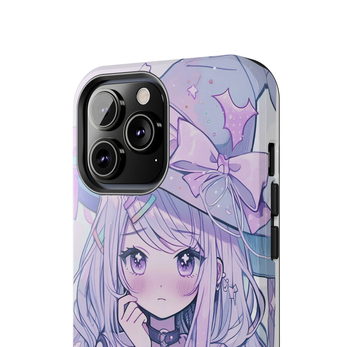 Kawaii pastel anime witch girl illustration on iPhone case with purple hat and bow