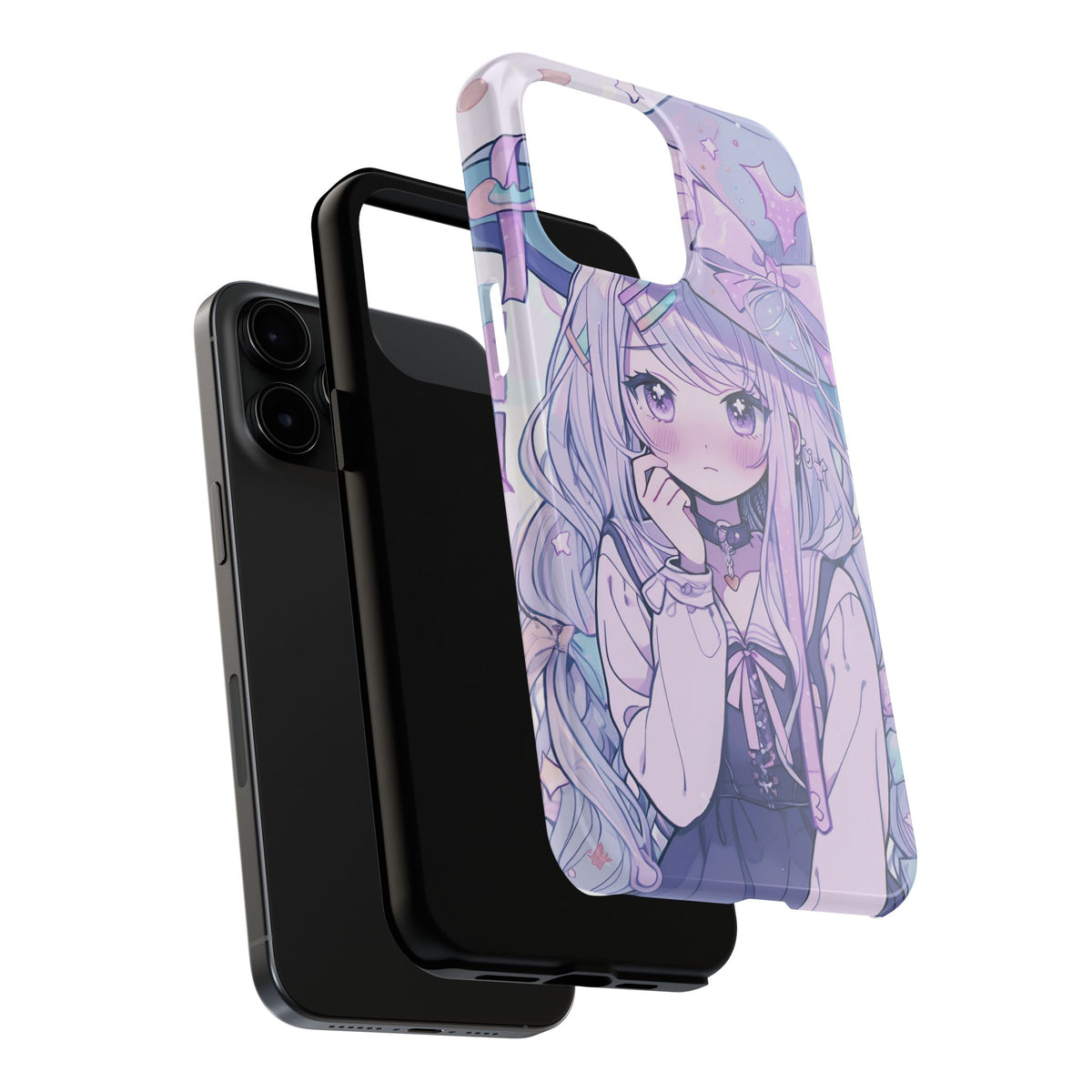 Anime girl pastel kawaii iPhone case with purple and blue illustration, floating above phone