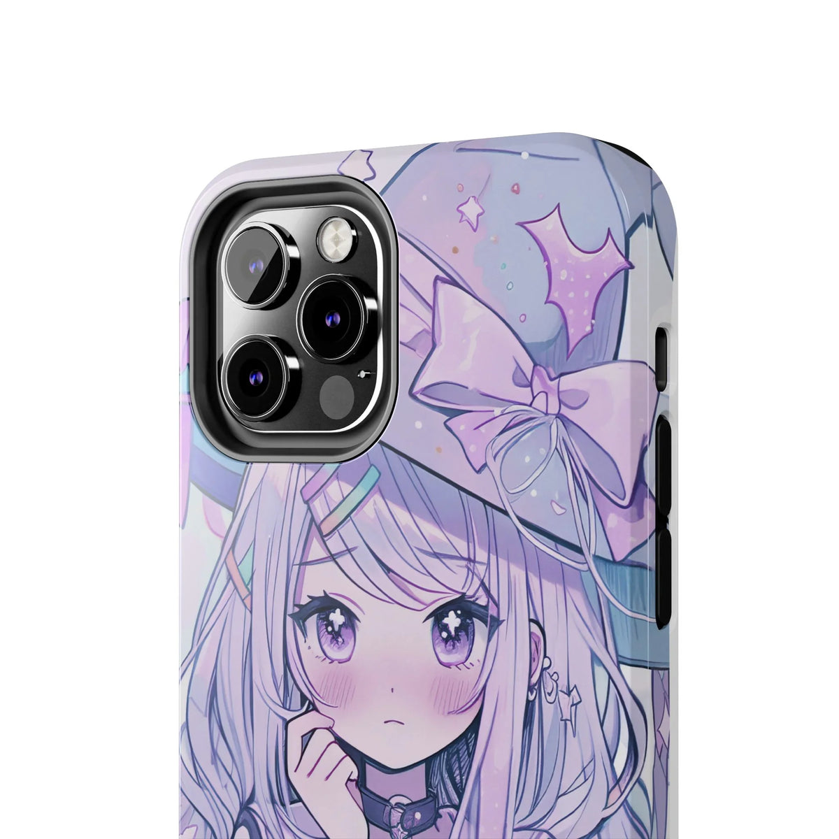 Anime witch girl iPhone case with pastel purple kawaii design and large bow detail