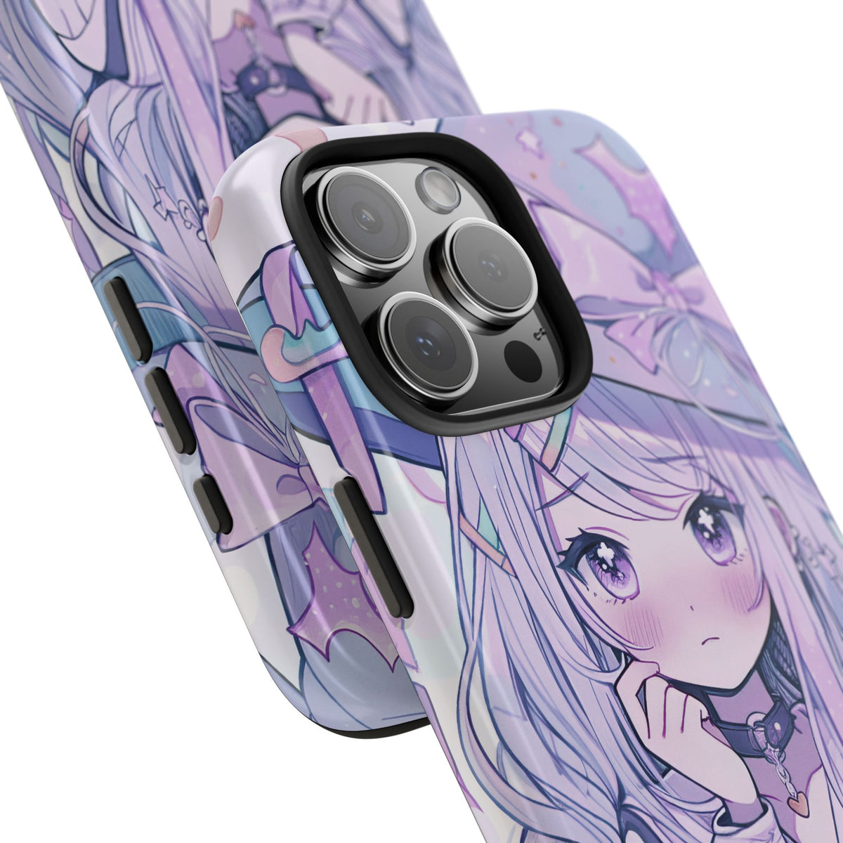 iPhone case with pastel kawaii anime girl design, purple blue tones, cute pop culture style