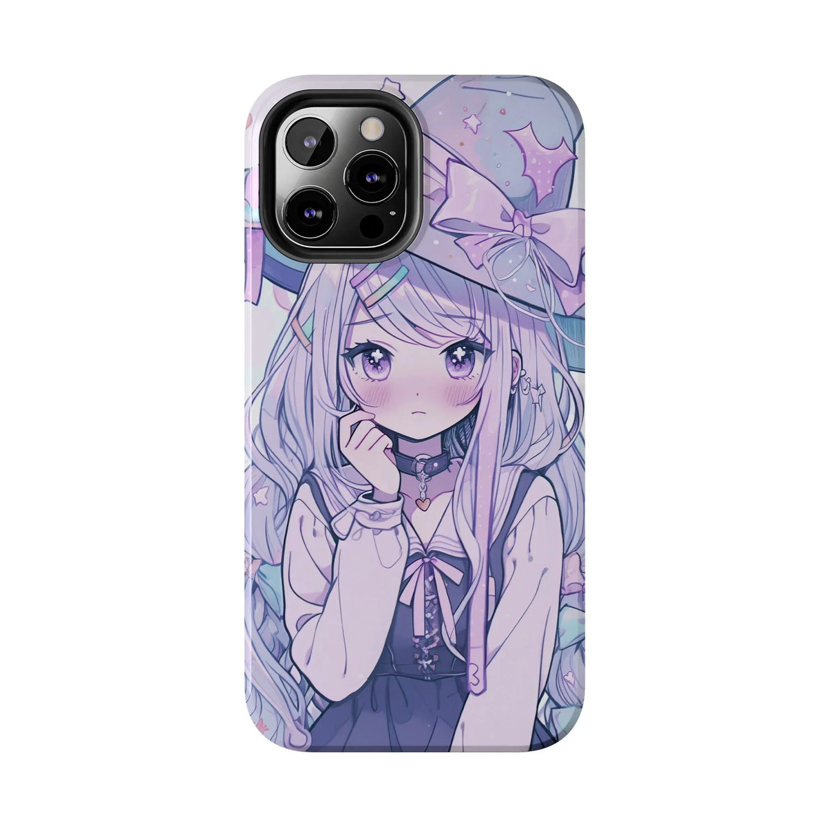 Kawaii pastel anime witch girl illustration on iPhone case with large hat and bow