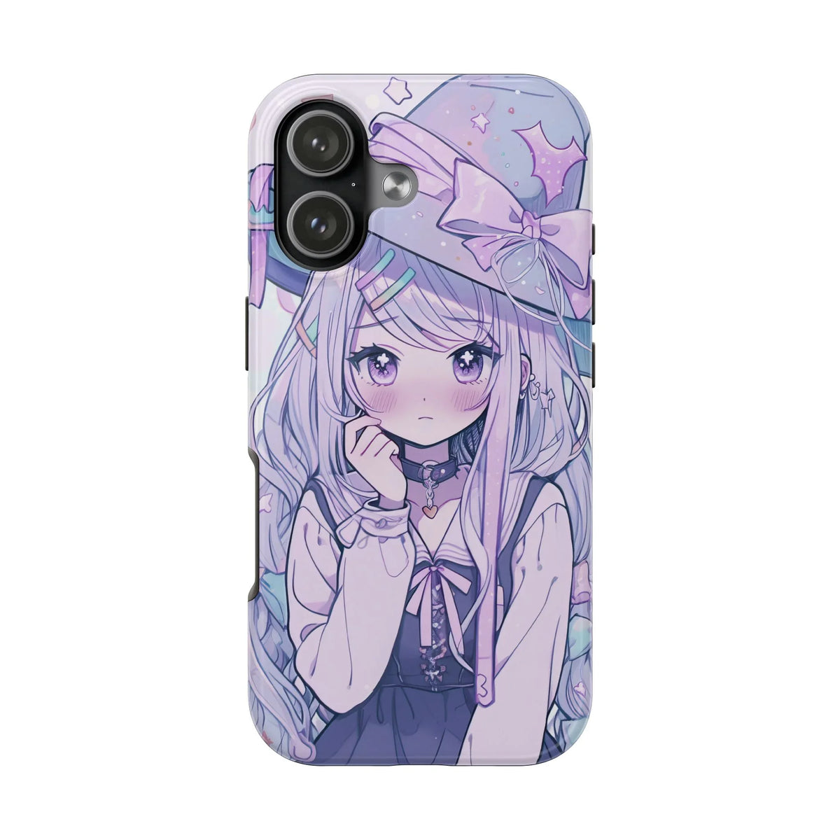 Pastel kawaii anime girl iPhone case with witch hat, stars, and ribbon accents