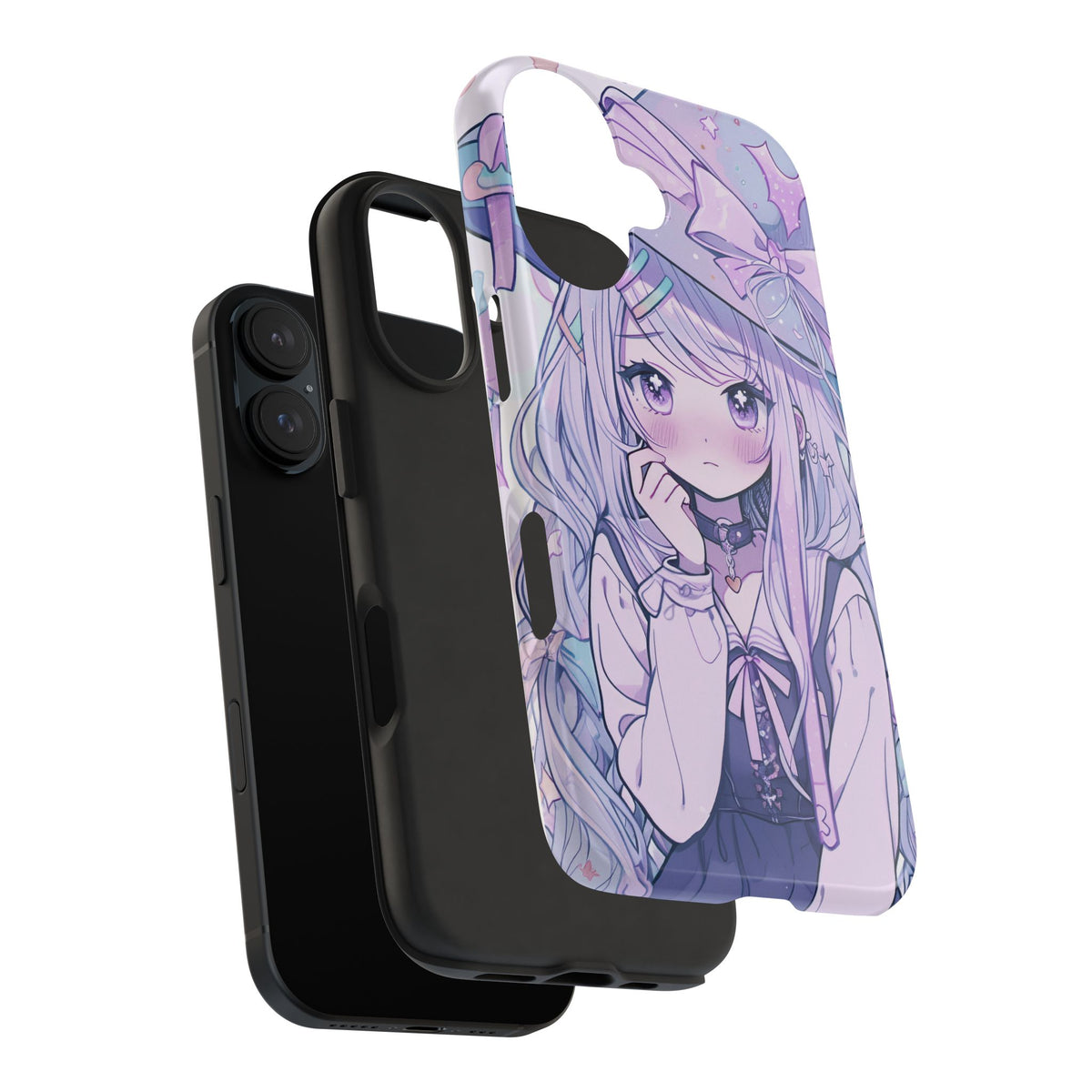Kawaii anime girl iPhone case with pastel purple and blue design, layered with black case and iPhone