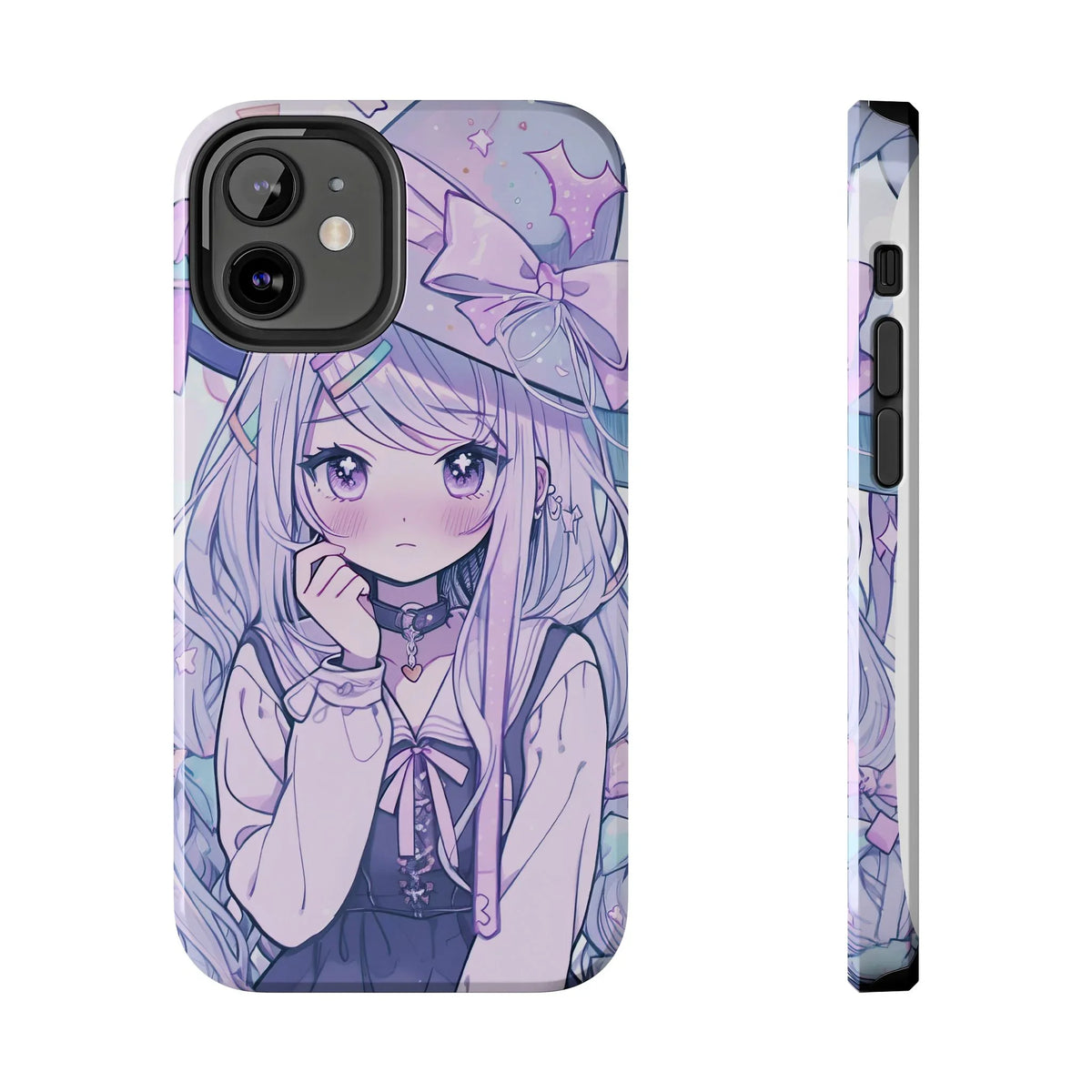 Cute pastel anime girl iPhone case with long hair, purple eyes, and witch hat design