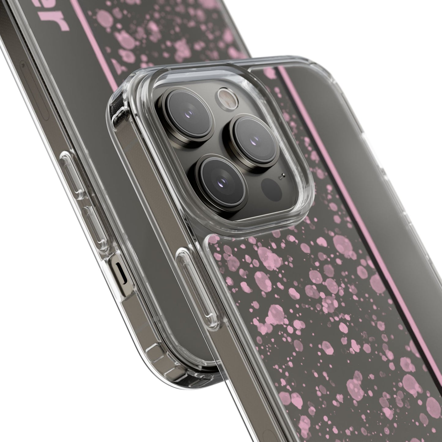 Personalized Clear Phone Case with Pink Splatter Design
